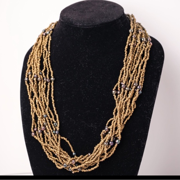 Multiple strands of Gorgeous Beads Gold and Black Beaded layered Necklace - Picture 1 of 8